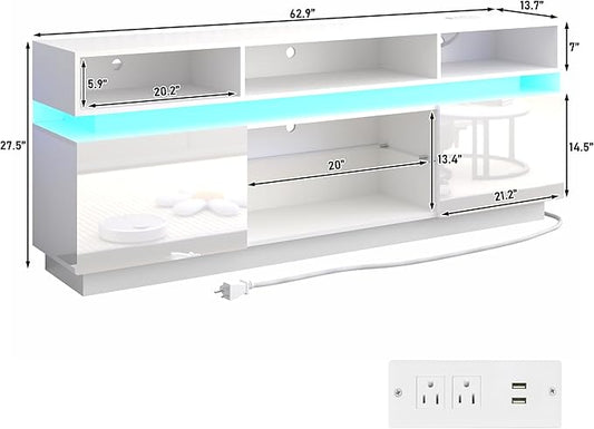 chartustriable LED TV Stand for 75 Inch TV, Modern Tall Entertainment Center with Power Outlets, High Gloss TV Stand, Gaming TV Media Console with Glass Shelf for Living Room, 63 Inch, White