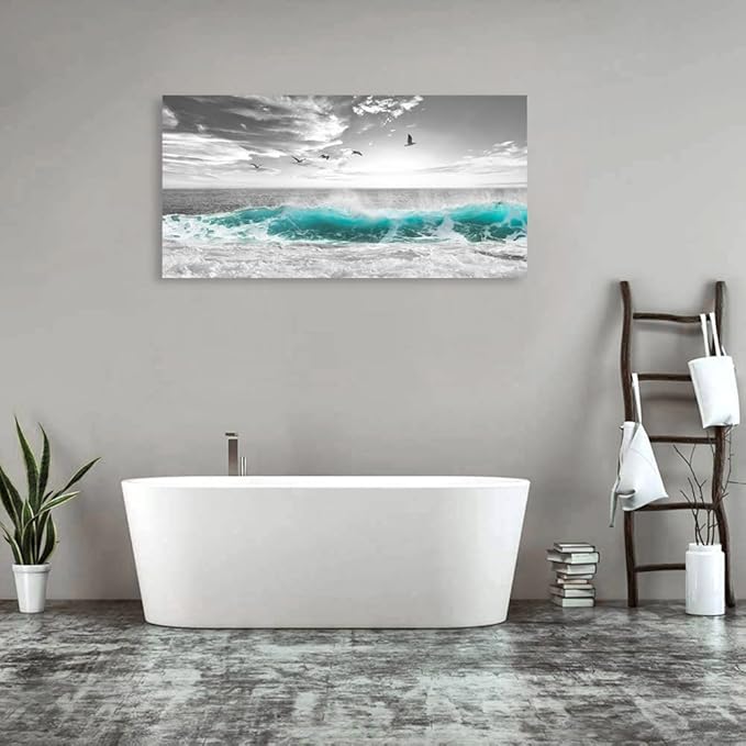 yearainn Large Ocean Canvas Wall Art for Living Room Wall Decor Teal Sea Wave Canvas Prints Artwork Seagull Birds Canvas Pictures for Bedroom Home Office Wall Decorations Ready to Hang 24" X 48"
