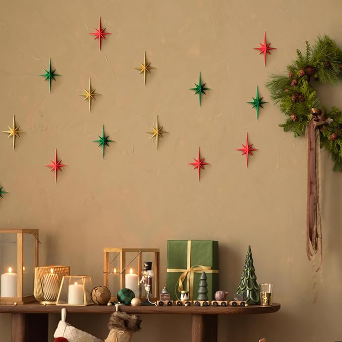 MidModArt 16PCS Mid Century Modern 3D Star Wall Art Gold Retro Starburst Sculptures Vintage Celestial Home Decor, Colored Starburst-Combo