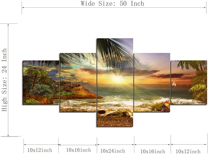 Yatsen Bridge Sea Landscape Wall Art Set Beach Waves Palm Sunset Modern Pictures Painting on Canvas Scene of Sea Artwork for Living Room Bedroom Home Decor Framed Ready to Hang - 50''W x 24''H