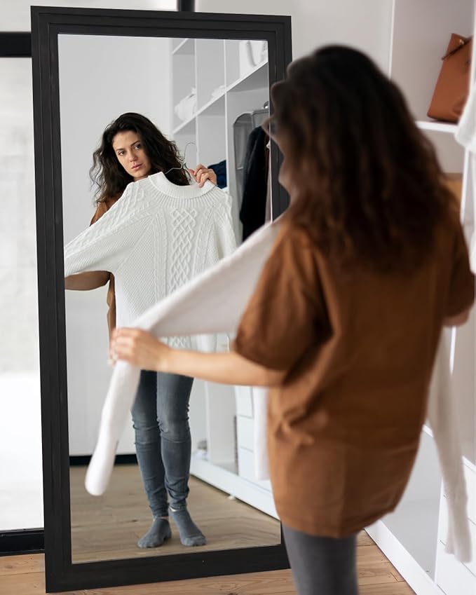 Full Length Mirror, 71"x32" Wooden Mirror Full Length with Stand Wood Floor Mirror, Oversized Stand Up Mirrors Large Wall Mirrors, Wall Mounted Mirrors, Rect Wood Style, Black
