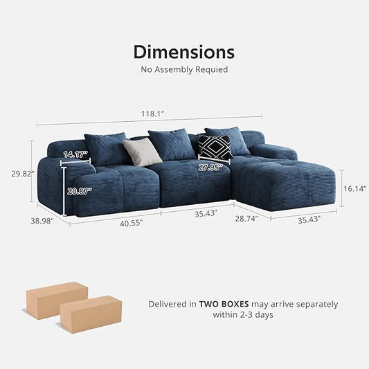 Modern L-Shaped Modular Sectional Sofa for Living Room,Oversized 3-Seater Couch with Deep Seat and Movable Ottoman – No Assembly,Comfortable Suede Fabric Boneless Sofa (Blue)