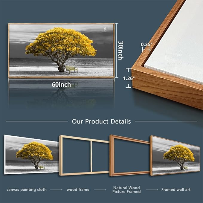 hyidecorart Framed Canvas Wall Art, 30x60in Yellow Trees, Living Room Wall Decor, Natural Wood Frames