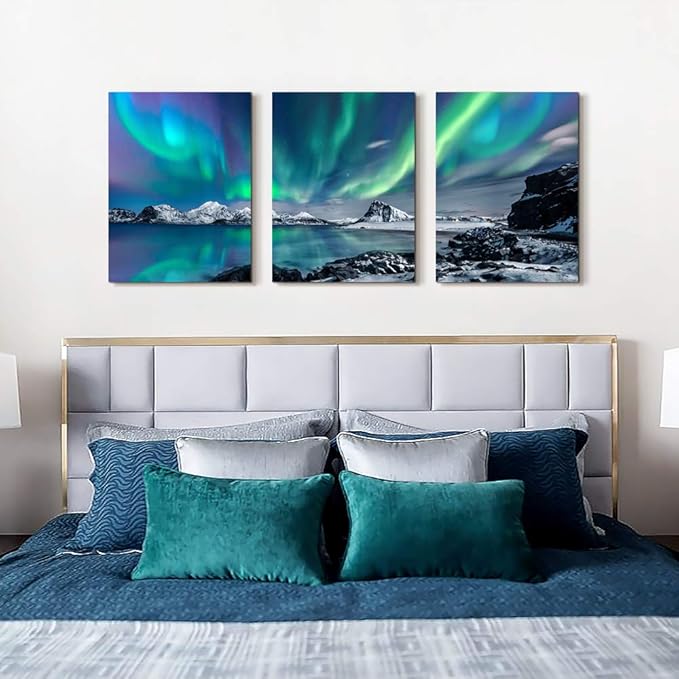 MHARTK66 Landscape Wall Art for Living Room Wall Decor for Bedroom Office Decor Abstract Mountain Aurora Painting 3 Piece Scenic Framed Canvas Art Prints Ready to Hang Wall Pictures Home Decor