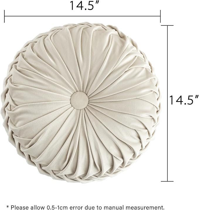 HIG Set of 2 Decorative Round Pleated Throw Pillows,Classy Accent Pumpkin Throw Pillows with Center Button,Vintage Velvet Floor Pillows for Sofa Vanity Chair Bed, Beige,14.5" Diameter(Ripple)