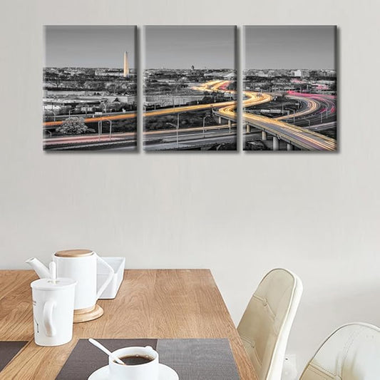 3 Pieces Washington DC Skyline Wall Decor for Living Room American Cityscape Artwork Wall Decor for Bedroom Giclee Wooden Framed Gallery-Wrapped Ready to Hang (36" Wx16 H)