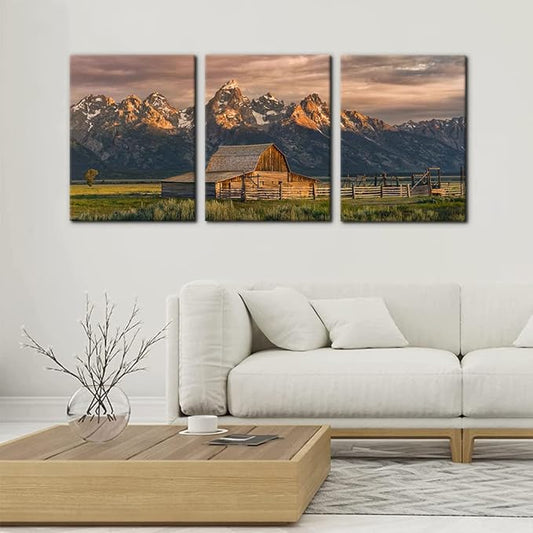 Pacimo Country Paintings for Wall Grand Canyon Picture Art Nature Landscape Artwork 3 Pieces Log Cabin Modern Wall Art Giclee Home Decorations for Living Room Framed Ready to Hang - 12" x 16" x 3