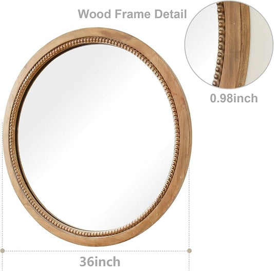 sawsile Round Wood Mirror,36 inch Circle Rustic Farmhouse Natural Wooden Frame Boho Beads Wall Mirror for Bathroom,Living Room,Bedroom or Entryway