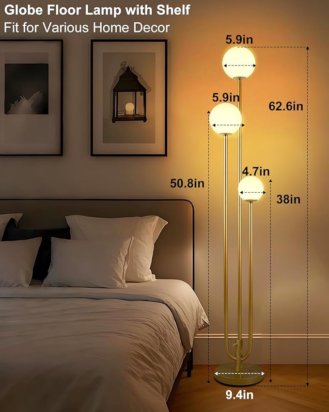 63IN 3-Light Dimmable Floor Lamp, Unique Gold Tall Standing Lamps with 3000K G9 Bulbs for Reading, Mid Century Modern Floor Lamp with 5Lbs Heavy Base for Living Room Bedroom Home Office