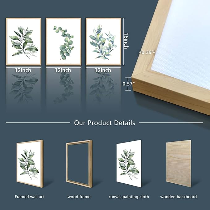 Framed Canvas Wall Art For Living Room Wall Decor For Bedroom Green Leaves Plants Watercolor Painting Office Wall Pictures Kitchen Wall Decorations Bathroom Decor Set Of 3 Piece Framed Art Prints