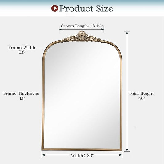 30" x 40" Antique Gold Arched Mirror for Wall, Vintage Brass Bathroom Tempered Mirror with Metal Frame, Bronze Ornate Gold Vanity Mirror for Entryway, Mantel, Powder Room