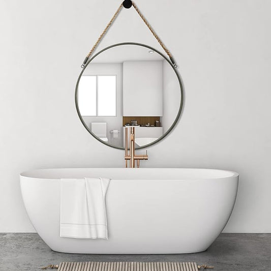 POZINO Round Mirror, 24 Inch Circle Wall Mirrors, Hanging Mirror with Rope, Farmhouse Mirrors for Bathroom Bedroom Living Room Entryway Home Decor, Grey