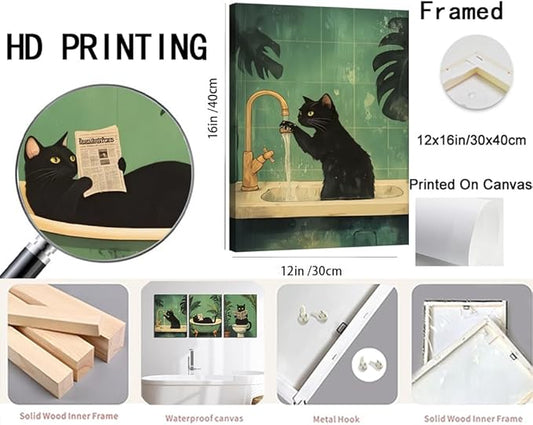 Funny Bathroom Black Cat Wall Art Set of 3, Whimsical Animal Bathroom Wall Decor Painting Maximalist Quirky Dark Pet Cat Toilet Canvas Poster Prints Aesthetics, Framed 12x16 inch