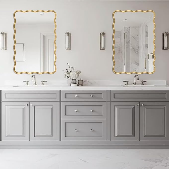 PROHOMEWARE 24 * 36" Gold Bathroom Mirror for Wall,Wavy Rectangular Mirror,Vanity Mirror,Bathroom Mirrors for Wall,Wall-Mounted Metal Frame Mirror for Bedroom Entryway Living Room Farmhouse (Gold)