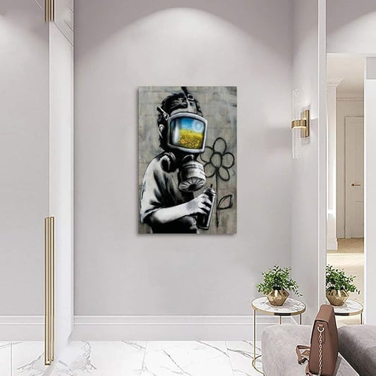 Yatsen Bridge Banksy Wall Art, Boy Wearing a Gas Mask Canvas Picture Art Print, Modern Home Decor for Living Room Bedroom Pop Framed Artwork Ready to Hang - 24x36 inch
