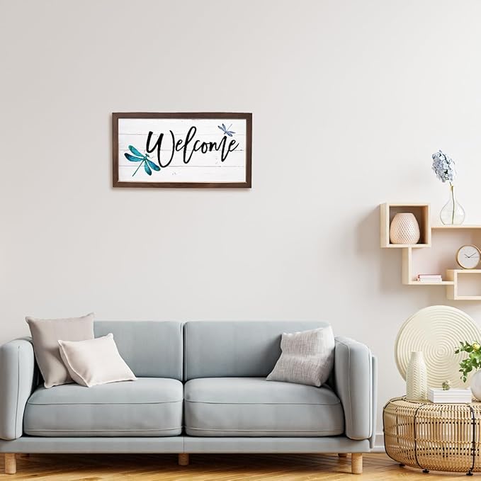 Dragonfly Welcome Sign, Front Door Porch Decors, Welcome Decoration for Wall, Country Style Home Decor, Housewarming Decors, Wooden Framed Wall Decor 15×7.5×0.3 inches