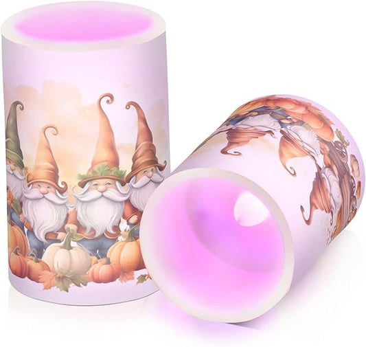 Thanksgiving Autumn Fall Gnomes Pumpkin Flickering Flameless Candles Battery Operated with Remote Timer,Tea Light Candles LED Pillar Votive Candles Set of 2 for Outdoor Indoor Decorations
