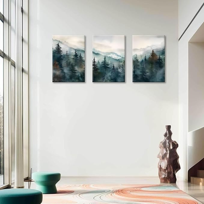 Bwodke Canvas Wall Art Mountain Framed Wall Art Set of 3 Boho Nature Landscape Picture Decor Pine Forest Prints Artwork Painting for Living Room Bedroom Office 16"x24"