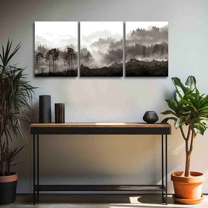 YJYart Bathroom Art Wall Decor Misty Forest Pictures Home Wall Decor for Bedroom Kitchen Office Modern Artwork 12"x 16" x 3 Piece