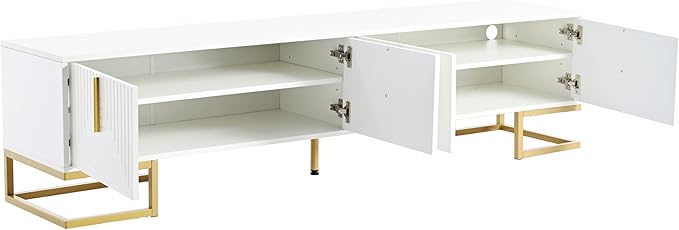 Merax Modern TV Stand with Metal Legs, Gold Handles, Geometric Lines and Adjustable Shelves for TVs Up to 80'', Media Console Table, Luxury Storage Cabinets for Living Room, White