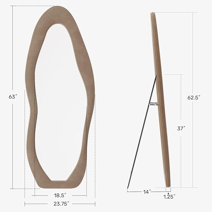 Irregular Full Length Mirror, 63"x24" Flannel Full Body Mirrors, Velvet Floor Mirrors with Stand, Irregular Wavy Mirror Hanging or Leaning Against Wall for Bedroom Living Room, Brown