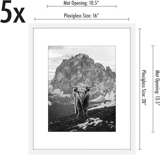 Americanflat 16x20 Picture Frame with Polished Plexiglass - Set of 5 - Use as 11x14 Frame with Mat or Display 16x20 Photo Without Mat - Galleria Collection - Picture Frames for Wall Display - White