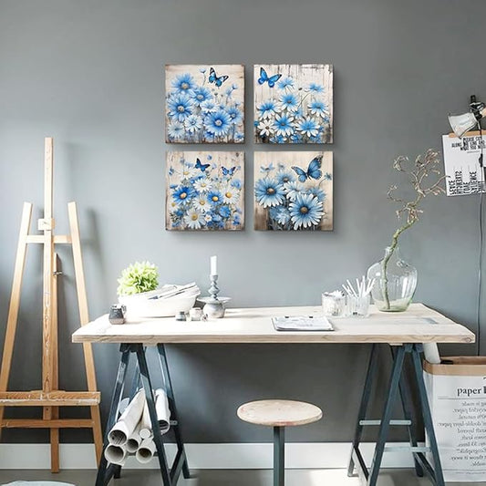 TTHYUEWS Canvas Wall Decor For Bedroom Room Wall Art For Living Room Abstract Blue Flowers Paintings Wall Artworks Hang Pictures For Office Decoration Posters Prints Art Kitchen Home Decor 4 Piece