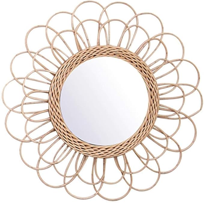 OYPEIP 22" Large Rattan Innovative Art Decoration Round Makeup Mirror Dressing Bedroom Bathroom Wall Hanging Mirrors Craft Photo Props,Glass Decor