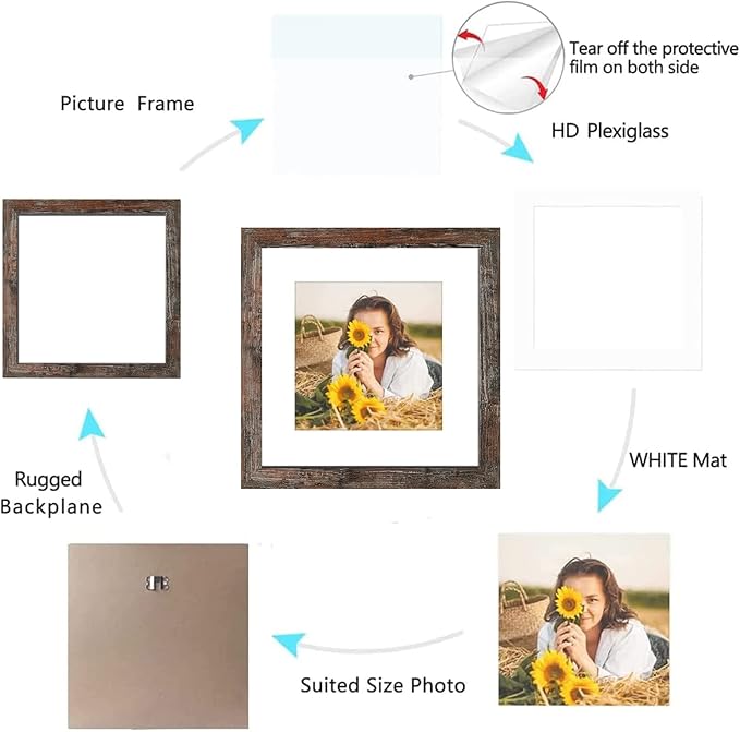 12x12 Picture Frame Rustic Brown Wood Set of 6,Display Square Pictures 8x8 with Mat or 12x12 Without Mat,Multi Photo Frames Collage for Wall - Gallery Wall Frame Set