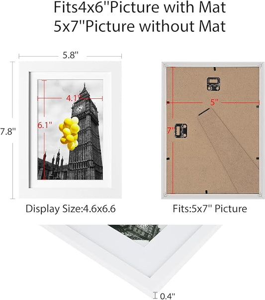 5x7 Picture Frame Set of 6, Display 4x6 with Mat or 5x7 Without Mat, Photo Frames for Wall Mounting or Table Top Display,Collage Wall Decor Gallery Wall Frame Set,White