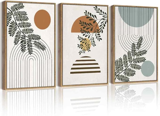 PHOPAGO Summer Boho Wall Art Large 16x24in Botanical Modern Framed Wall Prints Abstract Neutral Geometric Prints Bohemain Plants Decor for Farmhouse Home Office - Natural Framed
