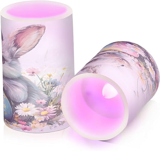 ALAZA Easter Bunny Rabbit Eggs Spring Flowers Flickering Flameless Candles Battery Operated with Remote Timer,Tea Light Candles LED Pillar Votive Candles Set of 2 for Outdoor Indoor Decorations
