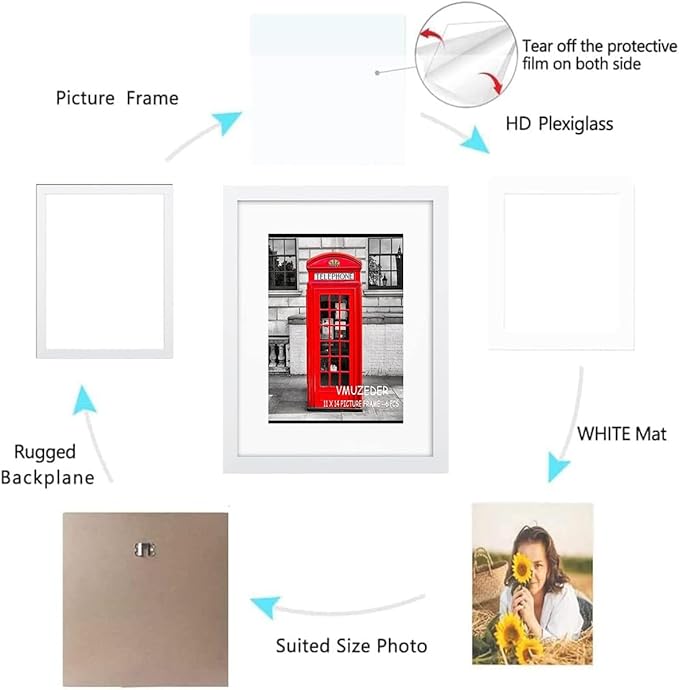 11x14 Picture Frame Rustic White Set of 6,Display Pictures 8x10 with Mat or 11x14 Without Mat,Multi Photo Frames Collage for Wall or Tabletop Display