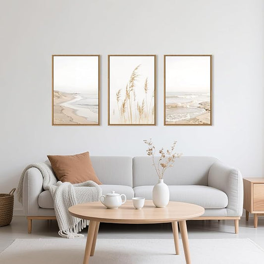 HPNIUB Modern Beach Waves Framed Wall Art Set,Seaside Reed Pathway Wall Decor,Minimalist Neutral Coastal Landscape Printing,Boho Seascape Nature Artwork for Living Room, Bedroom,Bathroom-16''x24''x3