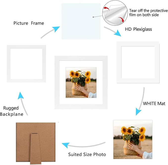 8x8 Picture Frame Rustic White Wood Set of 6,Display Pictures 5x5 with Mat or 8x8 Without Mat,Multi Photo Frames Collage for Wall or Tabletop Display