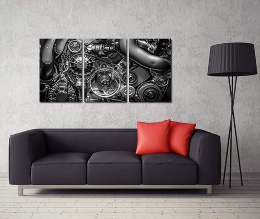 HOMEOART Engine Wall Art Closeup Gear and Chain Black and White Picture Canvas Print Gallery Wrapped Man Cave Wall Decor 24"x48" (3 Panels)