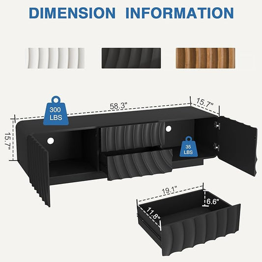 TV stand for 65'' TV , Media Console Table with Storage Cabinet, Spiral Wave Design,Low Profile Credenza for Living Room,Entertainment Center Television Stand with Curved Corner for Bedroom,Black
