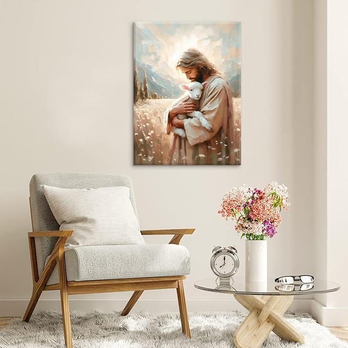 Jesus and Lamb Canvas Wall Art Christian Jesus the Good Shepherd Painting picture Wall Decor religion Bible Stories Poster print Artwork for Church LDS bedroom Living Home Decor 8x10in Canvas