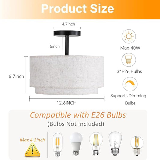 Vexagyle 12.6inch Flush Mount Ceiling Light Fixture,3-Light Modern Close to Ceiling Light with 2-Layer Linen Fabric Shade,Farmhouse Drum Ceiling Mount Lamp for Bedroom Hallway Living Room