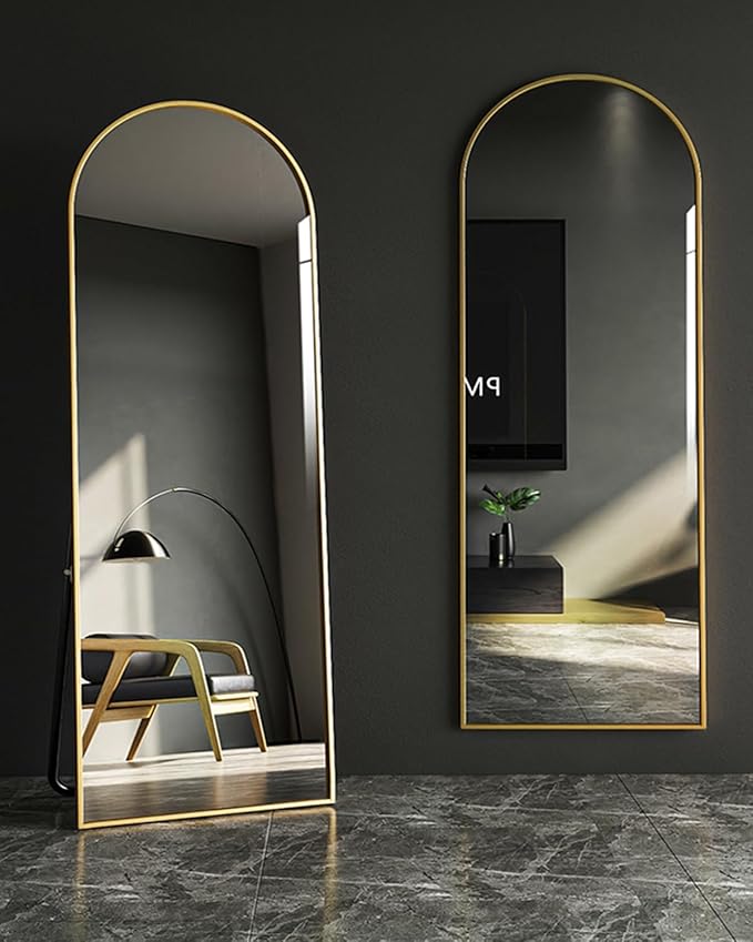 DYNWELL Arched Full Length Mirror, Floor Mirror with Stand, 64"x21", Wall Mirror Full Length, Gold Floor Length Mirror, Gold