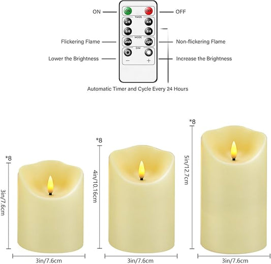 Nimiko Flameless Candles with Remote, Battery Operated Flickering Flameless Candles, LED Candles with Timer 2/4/6/8H, with Realistic LED Candles Set of 24 (D3 x H 3" 4" 5") (Ivory)