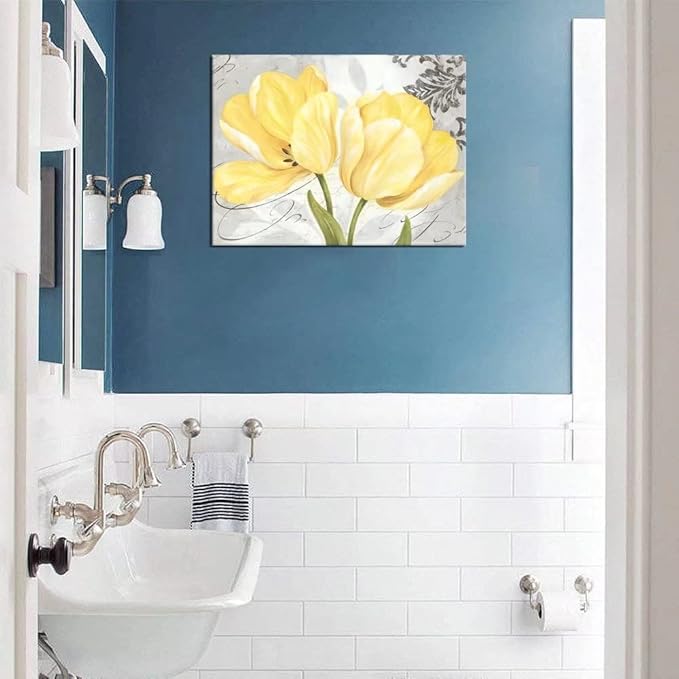 Bathroom Wall Art Flowers for Bedroom Living Room Office Abstract Print Canvas Home Decor Decals Pictures Poster Painting Yellow Framed Ready to Hang(24''H x 36''W)