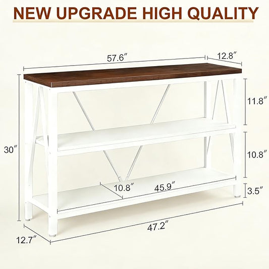 HOMISSUE Entryway Console Table, Rustic Console Tables with Wide Storage, Industrial Foyer for Entry with 3-Tier Open Shelves, White, 47 Inch