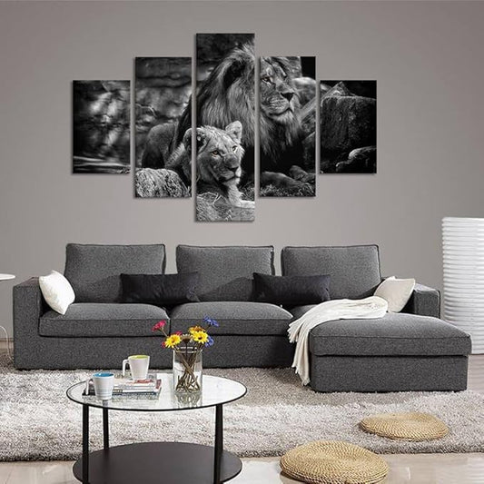 Yatsen Bridge Modern Lion and Lioness Canvas Wall Art 5 Panels Black and White Lions Painting Prints on Posters Easy to Hang for Home Decor - 60''W x 40''H