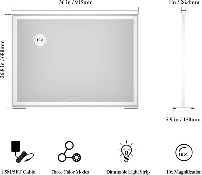 ANYHI Large Vanity Mirror with Lights, 36.2" x 26.8" Hollywood Lighted Vanity Mirror, 10X Magnification, Smart Touch Control, 3 Color Modes, Memory Function,USB Charging, Tabletop or Wall Mount, White