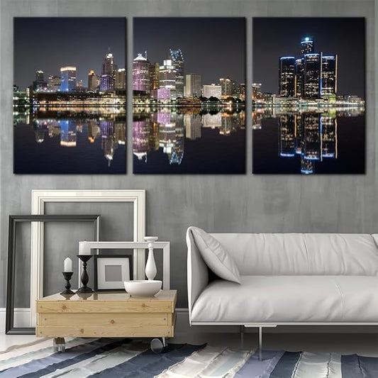 Pacimo 3 Pieces Panoramic Detroit Cityscape Picture Black and White Michigan Night Skyline Canvas Art Prints Wall Decoration for Bedroom Office Stretched and Framed Ready to Hang - 20"x28"x3 Panels