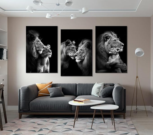 Black and White Lion Wall Art for Living Room Decor 3 Panels Wild Animals Pictures Wall Decor Modern Lion and Lioness Posters Prints Artwork, Framed 24" W x 36" H x 3pcs