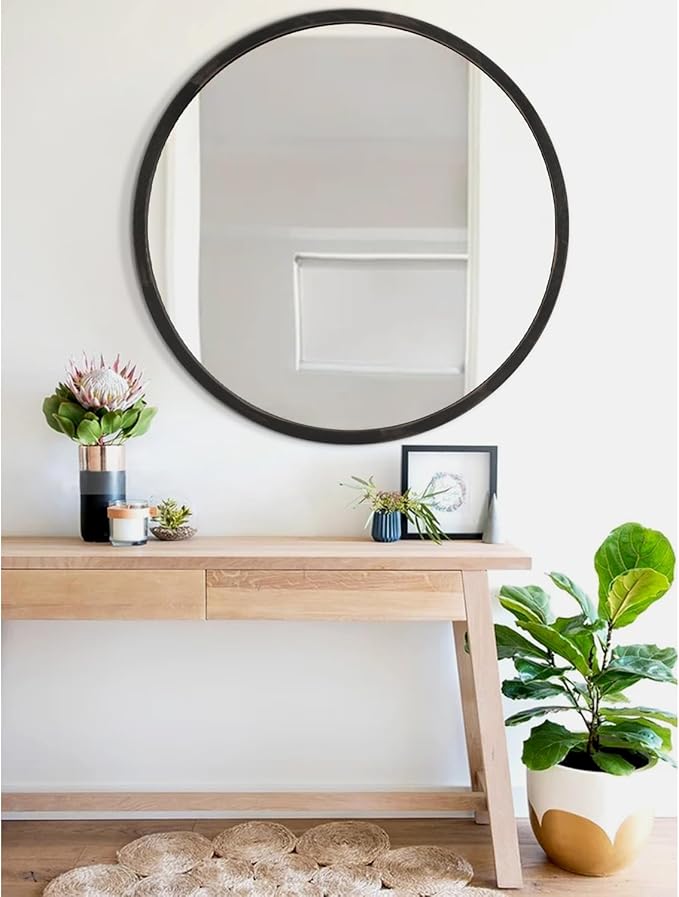 JJUUYOU Black Circle Wall Mirror Round Wood Framed Mirror for Bathroom Hanging Round Mirror for Living Room Vanity Bedroom 24 Inch