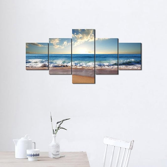 Beach Ocean Wave Pictures Wall Art for Living Room Home Decor Framed Stretched Modern Landscape Seascape Painting on Canvas 5 Piece (50" W x 24" H)