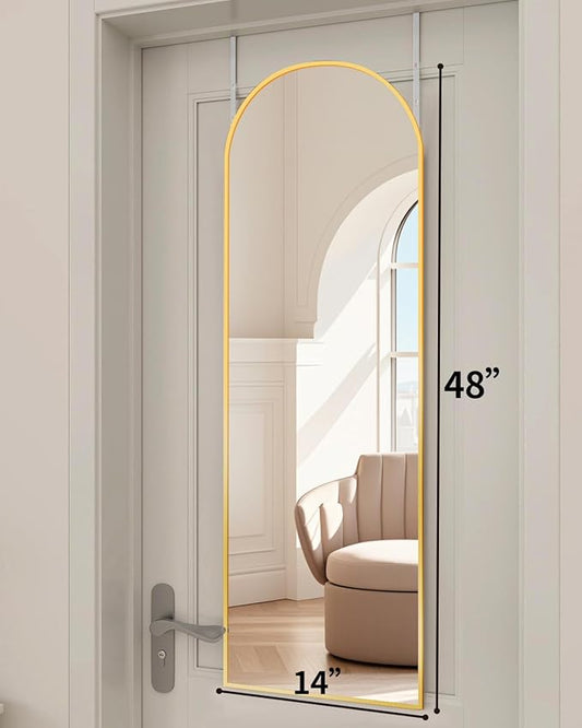 Arched Full Length Mirror, 48"x14" Gold, Tempered Shatterproof Glass & Aluminum Frame, Over Door or Wall Mounted, No Drill Installation for Bedroom, Bathroom, Closet, Entryway, Living Room Decor